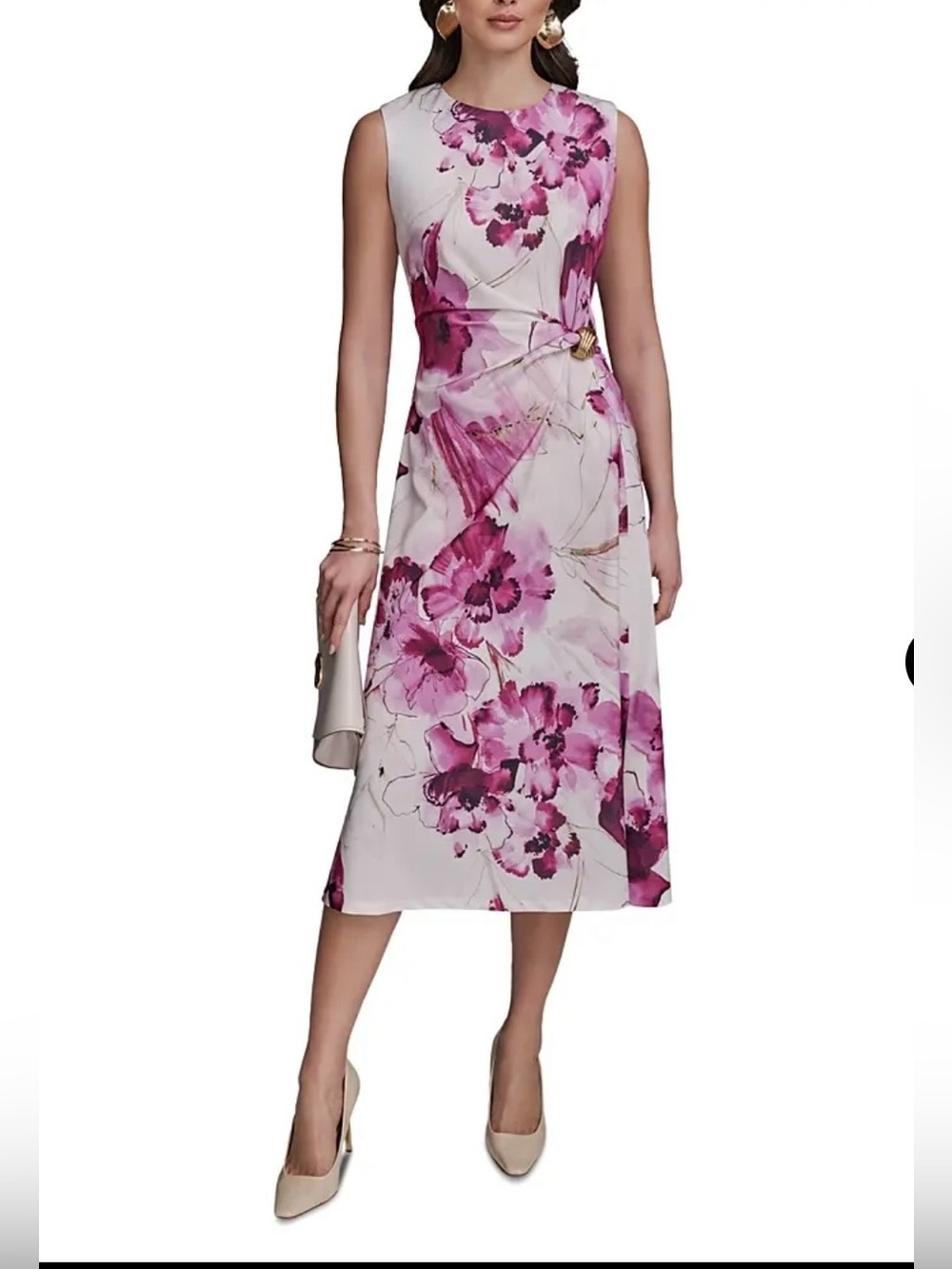 Donna Karan 4 Women's Sleeveless NWT Floral White Purple Mid Calf Dress Wedding